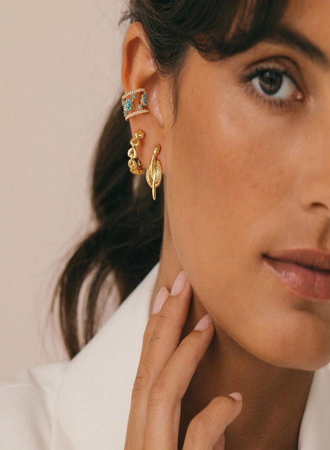 MYEARS Women Ear Cuff Earrings Gold Non Pierced Cartilage Clip on Open Wrap Trio Flower Hoop Turquoise Cubic Zirconia 14K Gold Plated Simple Hypoallergenic Everyday Jewelry - Image 2